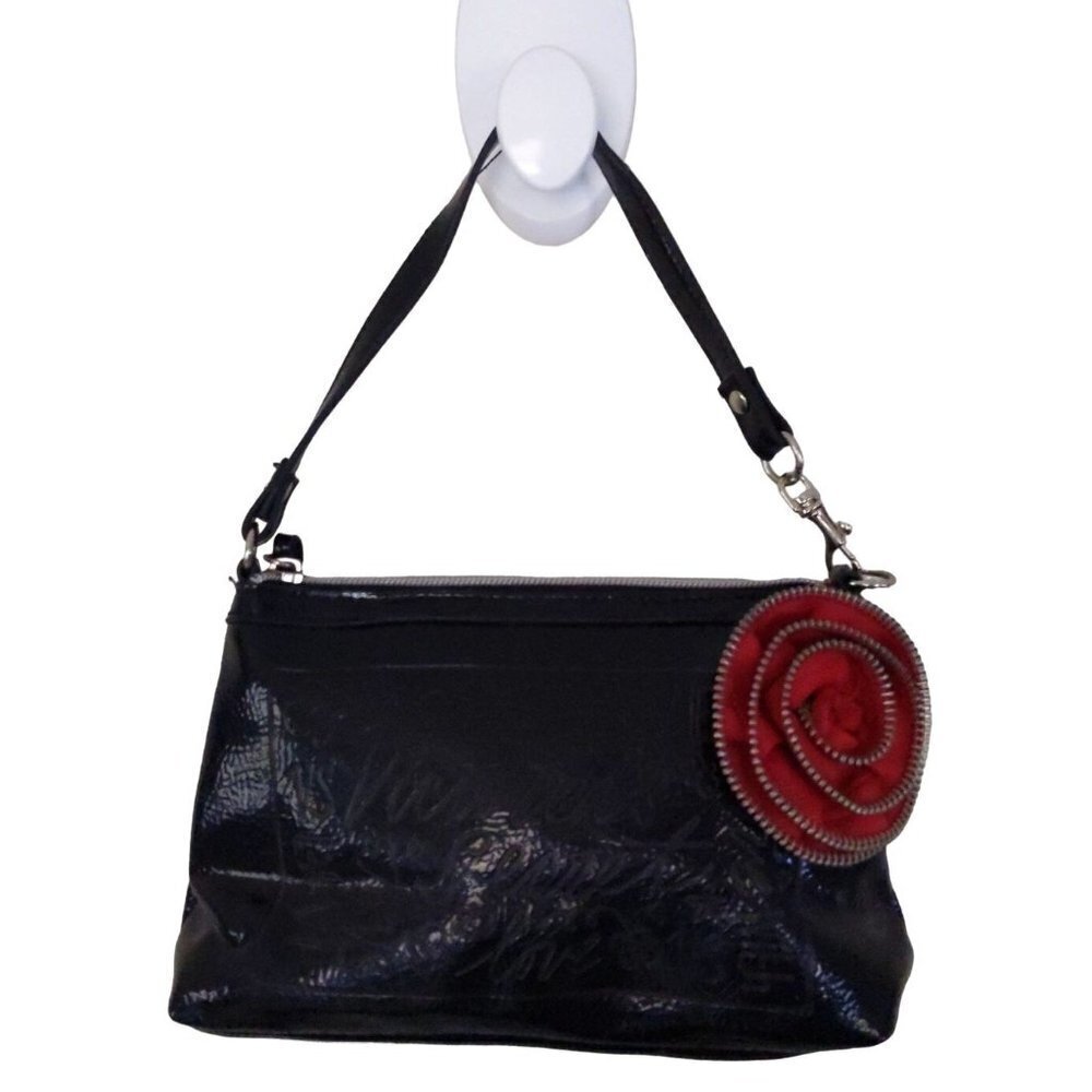 Victoria's Secret Black Patent Mini Wristlet with Red zipper bow